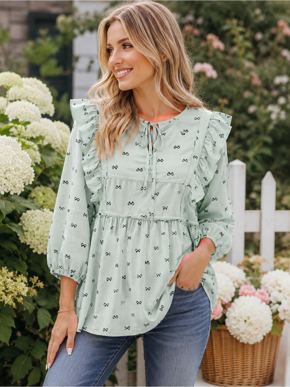 Umgee Mint Bow Print Ruffle Babydoll Blouse NWT Size L